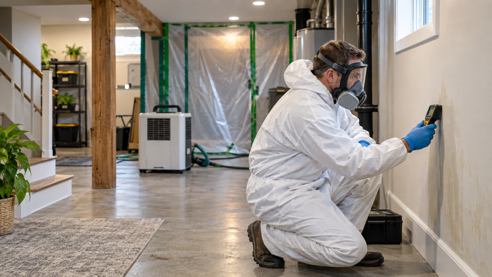 Mold remediation technician inspecting a damp basement wall near Gettysburg PA